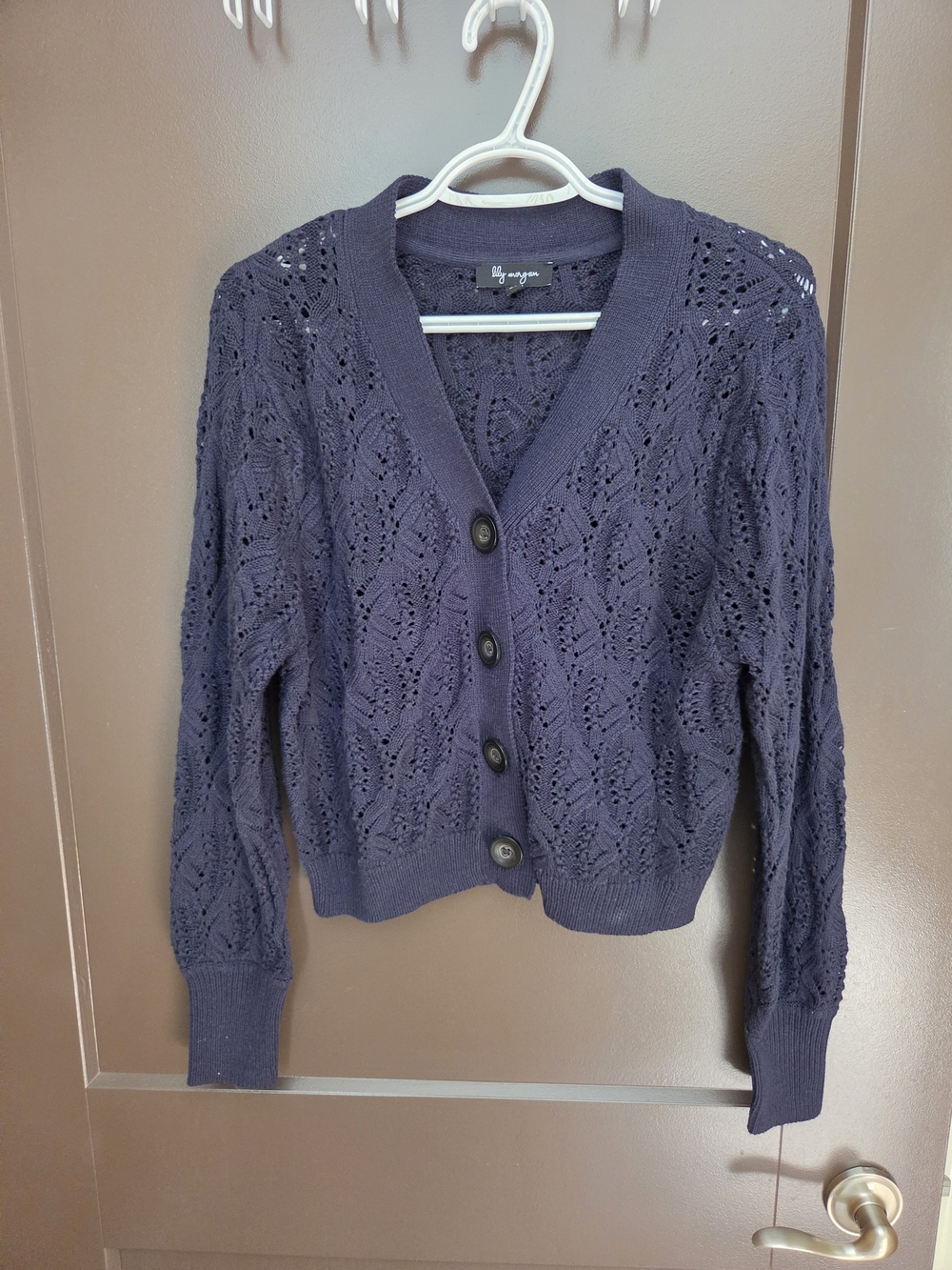 Pointelle Knit Button-Front Cardigan in Deep Navy